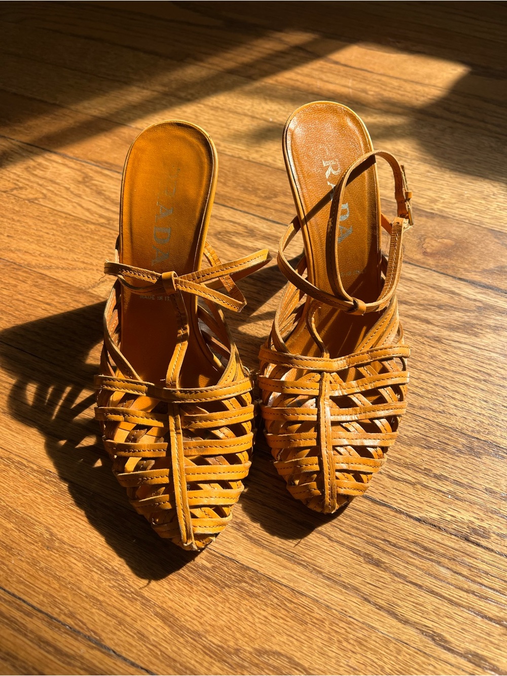 Prada Woven Strappy Slingback Heels in Tan